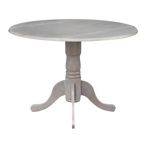 IC International Concepts, 42" Round Dual Drop Leaf Pedestal Dining Table, Solid Real Wood, Sturdy Parawood, Dimensions 42"D x 42"W x 29.5"H, 20mm thickness, 40lbs Weight Capacity, Washed Gray Taupe - color: Washed Gray Taupe