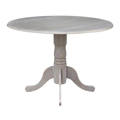 IC International Concepts, 42" Round Dual Drop Leaf Pedestal Dining Table, Solid Real Wood, Sturdy Parawood, Dimensions 42"D x 42"W x 29.5"H, 20mm thickness, 40lbs Weight Capacity, Washed Gray Taupe - color: Washed Gray Taupe