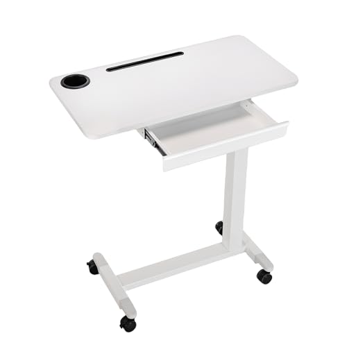 Adjustable Hospital Overbed Table with Drawer, Wheels, Cup Holder | Adjustable Height Rolling Laptop Over Bed Desk, Portable Medical Bedside Tray with Storage, Slot, Pneumatic Home Cart| White - color: White