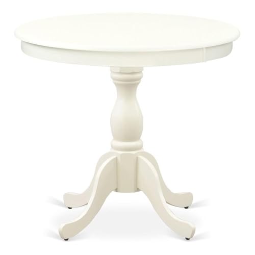 BOWERY HILL Traditional Round Dining Table, Linen White Finish, 30" H x 36" W x 36" D, Solid Asian Wood Pedestal Legs, Mid-Century Style Dining Room Table for Small Spaces or Kitchen Use - color: White