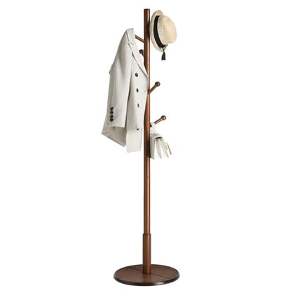 VASAGLE Solid Wood Coat Rack, Free Standing Hall Coat Tree with 7 Hooks, 3 Height Options, for Coats, Hats, Bags, Purses, for Entryway, Hallway, Rubberwood Hooks and Pole, Dark Walnut URCR07WN - color: Dark Walnut, style: Round Base + Spherical Hooks