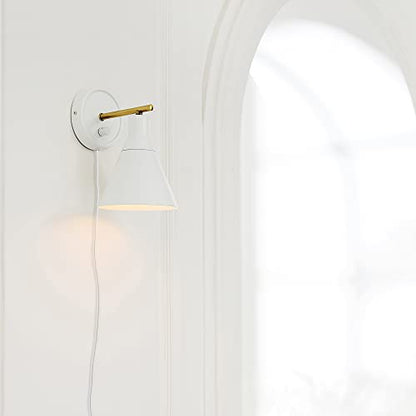 Globe Electric 65542 1-Light Plug-in or Hardwire Wall Sconce, Matte White, Brass Accent, Stepless Dimming Rotary Switch, Fabric Cord, Modern Lighting for Apartment or Renters, Home Decor