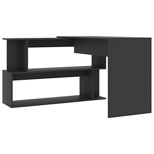 Rotatable Corner Desk, Grey Engineered Wood L-Shaped Writing Desk with Shelves, Adjustable Computer Workstation for Home Office, Space-Saving Rectangular Design
