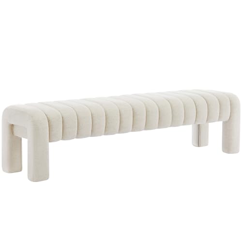 63" Bedroom Bench, Upholstered Entryway Bench, Modern End of Bed Ottoman with Solid Wood Legs and Adjustable Foot Pegs for Entryway, Dining Room and Living Room (Beige Linen) - color: Beige Linen, size: 63"