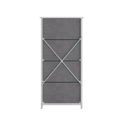 Pemberly Row Contemporary 4 Drawer Dresser, 17.75" W x 12.5" D x 37.25" H, Cast Iron Frame with White Wood Top, Gray Non-Woven Fabric Drawers, Adjustable Floor Glides, Vertical Storage Organizer for