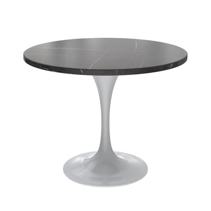 LeisureMod Verve Modern Dining Table with a 36" Round Sintered Stone Tabletop and White Steel Pedestal Base for Kitchen and Dining Room, Black - color: Black Stone, size: 36 inch Wide