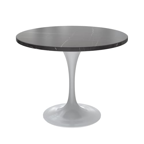 LeisureMod Verve Modern Dining Table with a 36" Round Sintered Stone Tabletop and White Steel Pedestal Base for Kitchen and Dining Room, Black - color: Black Stone, size: 36 inch Wide