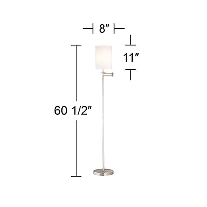 360 Lighting 60 1/2" Tall Drum Shade Brushed Nickel Swing Arm Floor Lamp | Modern Adjustable Standing Base 5 Silver White Cotton Fabric Cylinder for Living Room Reading House Bedroom - color: MM White Shade