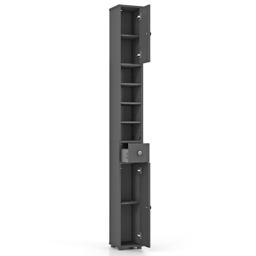 GOFLAME 71” Tall Bathroom Storage Cabinet, Narrow Freestanding Organizer with 1 Drawer, 2 Doors & 5 Open Shelves, Slim Bathroom Cabinet for Small Space, 8" x 8" x 71", Grey - color: Grey