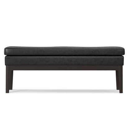 SIMPLIHOME Carlson 45" Wide Vegan Leather Rectangle Ottoman in Black | Distressed black, mid-century modern ottoman bench with a padded seat for bedroom or living room; footstool, footrest. - color: Distressed Black, style: Ottoman Bench