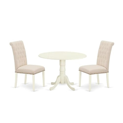 East West Furniture DLBR3-WHI-02 3 Piece Modern Dining Table Set Contains a Round Wooden Table with Dropleaf and 2 Light Beige Linen Fabric Parson Dining Chairs, 42x42 Inch, Linen White - color: Dlbr3-whi-02