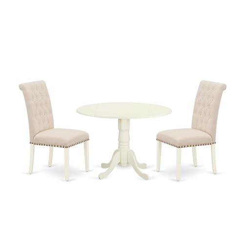 East West Furniture DLBR3-WHI-02 3 Piece Modern Dining Table Set Contains a Round Wooden Table with Dropleaf and 2 Light Beige Linen Fabric Parson Dining Chairs, 42x42 Inch, Linen White - color: Dlbr3-whi-02