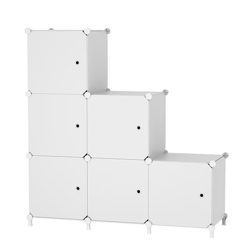 6Cube Storage Organizer Modular Stackable with Doors White | Sturdy plastic 6-cube cabinet with doors, 30x30x30cm per cube, tool-free snap assembly, ideal for bedroom, stairs, closet. - color: White
