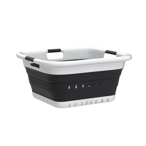 SAMMART 41L Collapsible 3 Handled Plastic Laundry Basket - Foldable Pop Up Storage Container/Organizer - Portable Basket - Space Saving Hamper/Basket (3 handled rectangular, White/Black) - color: White/Black