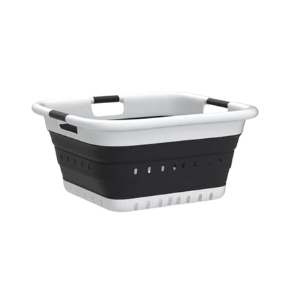 SAMMART 41L Collapsible 3 Handled Plastic Laundry Basket - Foldable Pop Up Storage Container/Organizer - Portable Basket - Space Saving Hamper/Basket (3 handled rectangular, White/Black) - color: White/Black