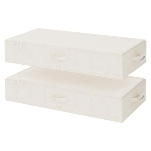 StorageWorks 6 Inch Low Profile Under Bed Clothes Storage Bins with Lids | Reinforced Structure, Resists Sagging, Handles & Label Holder, Foldable Stackable Closet Storage for Clothes, Blankets, Toys - color: Light Beige, size: 33"L × 17"W × 6"H