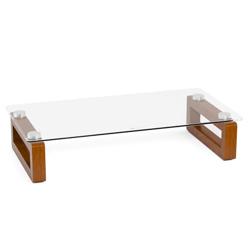 YEOUX Multi-Purpose Desktop Stand, Clear Floating Computer Monitor Riser with Natural Wood Base, Desk Organization Shelf for Printer, Laptop, Audio Device, Flat Screen - color: Walnut&Clear
