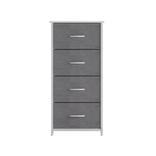 Pemberly Row Contemporary 4 Drawer Dresser, 17.75" W x 12.5" D x 37.25" H, Cast Iron Frame with White Wood Top, Gray Non-Woven Fabric Drawers, Adjustable Floor Glides, Vertical Storage Organizer for