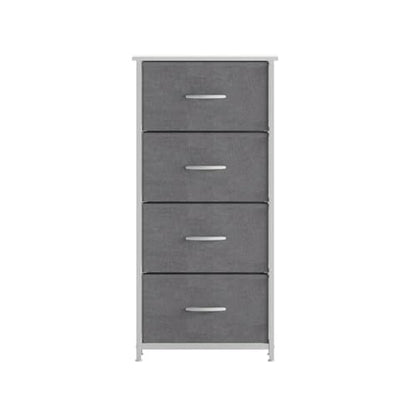 Pemberly Row Contemporary 4 Drawer Dresser, 17.75" W x 12.5" D x 37.25" H, Cast Iron Frame with White Wood Top, Gray Non-Woven Fabric Drawers, Adjustable Floor Glides, Vertical Storage Organizer for
