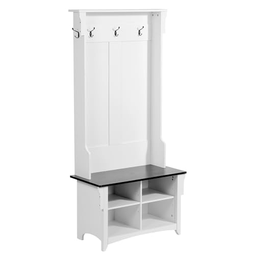 VEVOR Hall Tree Entryway Bench, Coat Rack with Shoe Storage, 32" Wide Mudroom Bench with Seating and Adjustable Shelves, 5 Hanging Hooks and 4 Storage Drawers, for Mudroom, Entryway, Hallway - size: 32" Wide