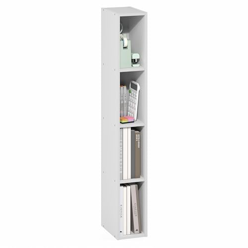 Furinno Fulda Book Shelf, 4-Tier Narrow Bookshelf, Standing Bookcase with 6-in Width Storage Shelf, 9.3 x 5.9 x 41.6, for Organization and Storage, for Living Room, Bedroom, Home Office, White - color: White, size: 4-Tier, 6W