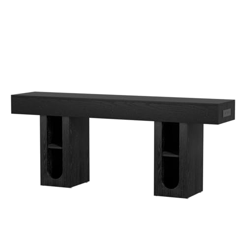 Heavy Duty Console Table with Outlet, Entryway Table, 63 Inch Sofa Table, Black Hallway Table with Storage Shelves for Behind Couch, Living Room, Thick MDF Top - color: Black