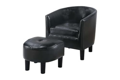 Penau Black Faux Leather Accent Chair, Ottoman Set, Compact | Faux Leather Upholstery, Curved Barrel Back, Rolled Arms, Matching Ottoman, Compact Room Accent