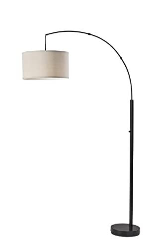 Adesso Arc Floor Lamp with Curved Arm and Oatmeal Fabric Drum Shade – Transitional Overhead Accent Light for Living Room, Bedroom, Home Office, or Reading Area, 74” Tall