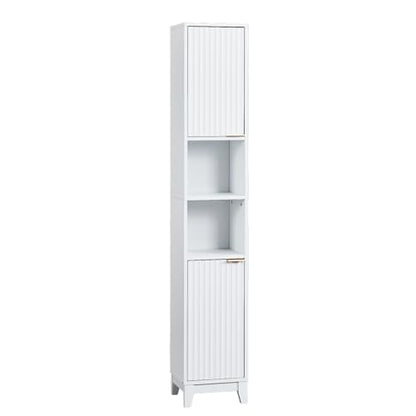 VINGLI White Fluted Tall Narrow Bathroom Cabinet, 67" Slim Freestanding Storage Cabinet for Small Spaces, Wood Linen Tower Floor Cabinet with 2 Doors, Open Shelves & Soft-Close Hinges