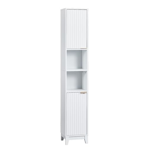 VINGLI White Fluted Tall Narrow Bathroom Cabinet, 67" Slim Freestanding Storage Cabinet for Small Spaces, Wood Linen Tower Floor Cabinet with 2 Doors, Open Shelves & Soft-Close Hinges