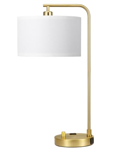 Innqoo Gold Table Lamp with USB Port and Outlet, Dimmable Nightstand Bedside Lamps with Linen Lampshade, Desk Lamp for Bedroom, Living Room, Guest Room, Home Office, LED Bulb Included - color: D-White Shade& Gold Base