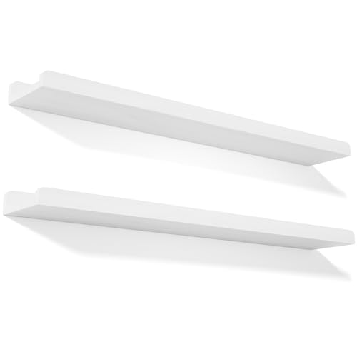 Love-KANKEI 36" Long White Floating Shelves with Lip,Solid Wood,Set of 2 | Protective Ledge,Easy to Install,18 Lbs/shelf,For Bedroom Living Room Bathroom Kitchen Office,Nursery Display,Wall Decor - color: White, size: 36inch