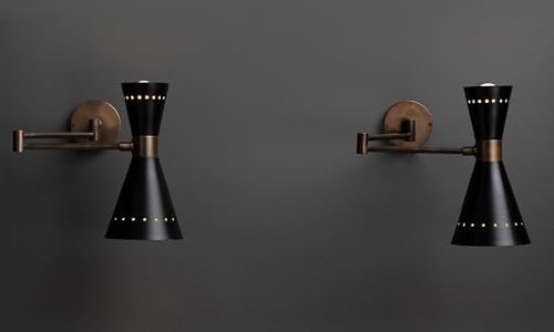 Brass Swing Arm Wall Sconce Set of 2, Mid Century Modern Adjustable Wall Lamp with Perforated Metal Shade, Antique Patina Bedside Reading Wall Light Fixture for Bedroom, Living Room & Hallway - color: Antique Patina