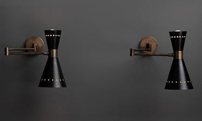 Brass Wall Sconce Mid Century Modern Swing Arm Wall Lamp, Adjustable Wall Light Fixture with Perforated Metal Shade, Bedside Reading Wall Lamp for Bedroom Living Room Hallway (2, Antique Black) - color: Antique Black