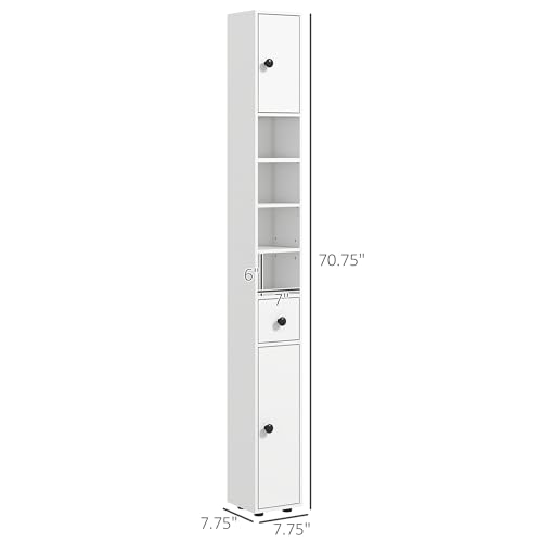 kleankin Narrow Tall Bathroom Storage Cabinet 71" Slim with Drawer White | Freestanding Bathroom Cabinet, Open Shelves, 2 Doors, Adjustable Shelves, Small Spaces