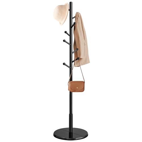 VASAGLE Solid Wood Coat Rack, Free Standing Hall Coat Tree with 8 Hooks, 3 Height Options, for Coats, Hats, Bags, Purses, for Entryway, Hallway, Rubberwood Hooks and Pole, Ink Black URCR007P33 - color: Ink Black, style: Round Base + Spherical Hooks