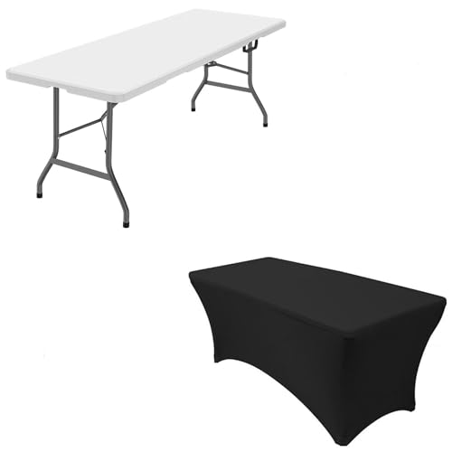 6 ft Plastic Folding Table with Nylon Tablecloth and Carry Handle | 71 x 28 x 29 in, heavy-duty frame, quick setup, picnic, party, dining and camping use - size: 6ft Folding Table + Tablecloth