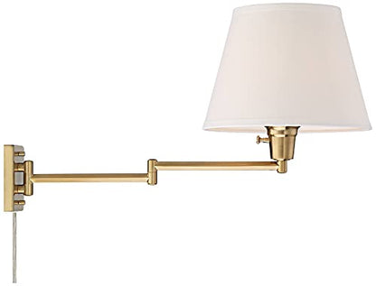 Valentine Warm Gold Swing Arm Plug-In Wall Lamps Set of 2 Light Fixture | Modern White Linen Hardback Shade for Bedroom Bedside House Reading Living Room Home Hallway Dining
