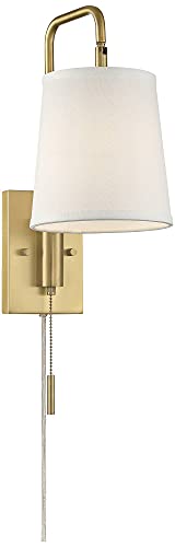 Luca 15 1/2" Warm Brass Swing Arm Plug-In Wall Mount Lamp Light Fixture | Mid Century Modern Indoor Finish Metal Fabric Shade for Bedroom Bedside House Reading Living Room Home Hallway