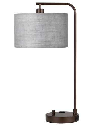 Innqoo Grey Tall Lamp for Bedroom with USB Port and Outlet, Dimmable Nightstand Bedside Lamps with Linen Lampshade, Desk Lamp for Home Office, Living Room, Guest Room, LED Bulb Included - color: H-Gray Shade & Brown Base