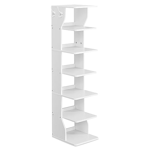 VASAGLE 7-Tier Vertical Shoe Rack, Narrow Shoe Storage Organizer with Hooks, Slim Corner Tower Shelf, Space-Saving for Entryway and Bedroom, White ULBS200T14 - color: White, size: 7 Tiers (10.4"W)