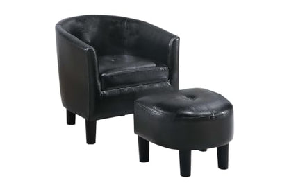 Penau Black Faux Leather Accent Chair, Ottoman Set, Compact | Faux Leather Upholstery, Curved Barrel Back, Rolled Arms, Matching Ottoman, Compact Room Accent