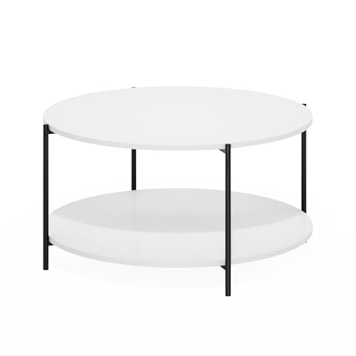 Furinno BESI 2-Tier Round Modern Coffee Table with Metal Legs, Side Table with Open Shelf, for Living Room, Bedroom, Home Office, White - color: White/Black, size: Metal Frame Coffee Table
