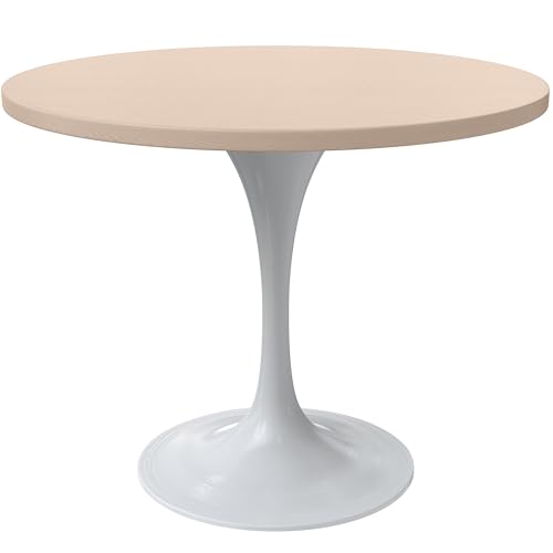 LeisureMod Verve Mid-Century Modern 36 Inch Round Dining Table, MDF Wood Tabletop with White Steel Pedestal Base, Contemporary Kitchen & Dining Room Table, for Small Spaces (Light Natural) - color: Light Natural Wood, size: 36 inch Wide