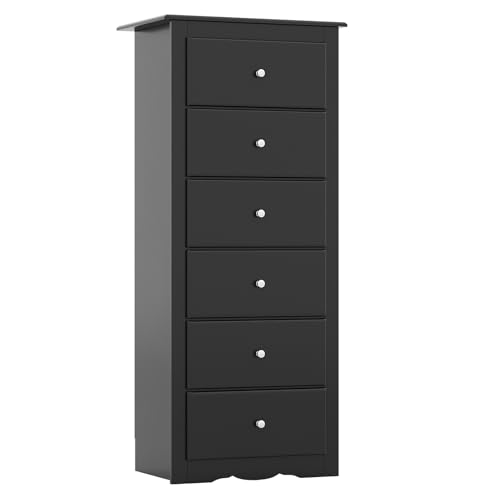 GIANTEX 6-Drawer Dresser for Bedroom, Wooden Chest of Drawers w/Metal Handles & Large Capacity, 16" D x 23.5" W x 53.5" H Clothes Organizer, Modern Tall Dresser for Bedroom, Entryway, Living Room - color: Black