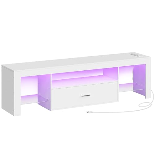 HOOBRO LED TV Stand with Power Outlets to 65 inch TV, Gaming Entertainment Center with Glass Shelves and Large Drawer, Modern Media TV Console Table for Living Room Bedroom, White WT14UDDS01 - color: White, size: 55.1 Inch