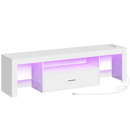 HOOBRO LED TV Stand with Power Outlets to 65 inch TV, Gaming Entertainment Center with Glass Shelves and Large Drawer, Modern Media TV Console Table for Living Room Bedroom, White WT14UDDS01 - color: White, size: 55.1 Inch