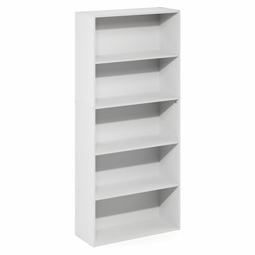 Furinno Jaya Book Shelf, 5-Tier Bookshelf, 52 Inch Tall Standing Bookcase with Adjustable Shelf, 9.5 x 23.6 x 52.6, for Home Office, Bedroom, Living Room, White - color: White, size: 5-Tier, 9.5 x 23.6 x 52.6