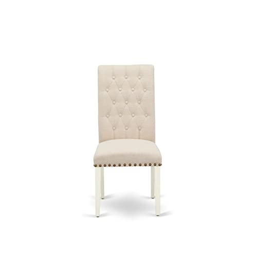 East West Furniture DLBR3-WHI-02 3 Piece Modern Dining Table Set Contains a Round Wooden Table with Dropleaf and 2 Light Beige Linen Fabric Parson Dining Chairs, 42x42 Inch, Linen White - color: Dlbr3-whi-02