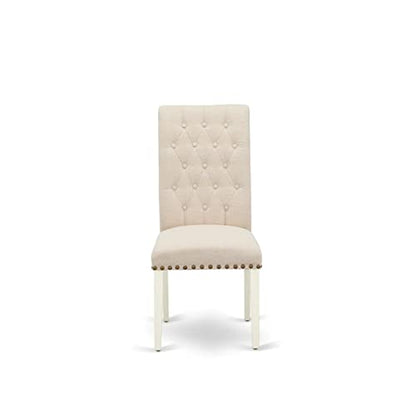 East West Furniture DLBR3-WHI-02 3 Piece Modern Dining Table Set Contains a Round Wooden Table with Dropleaf and 2 Light Beige Linen Fabric Parson Dining Chairs, 42x42 Inch, Linen White - color: Dlbr3-whi-02